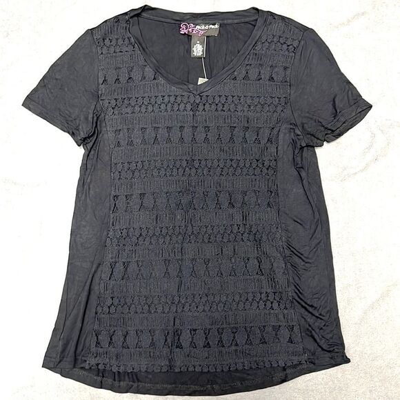 Peck & Peck Womens Black Club Med Lace Front Short Sleeve V-Neck Top Size Medium - Picture 1 of 5